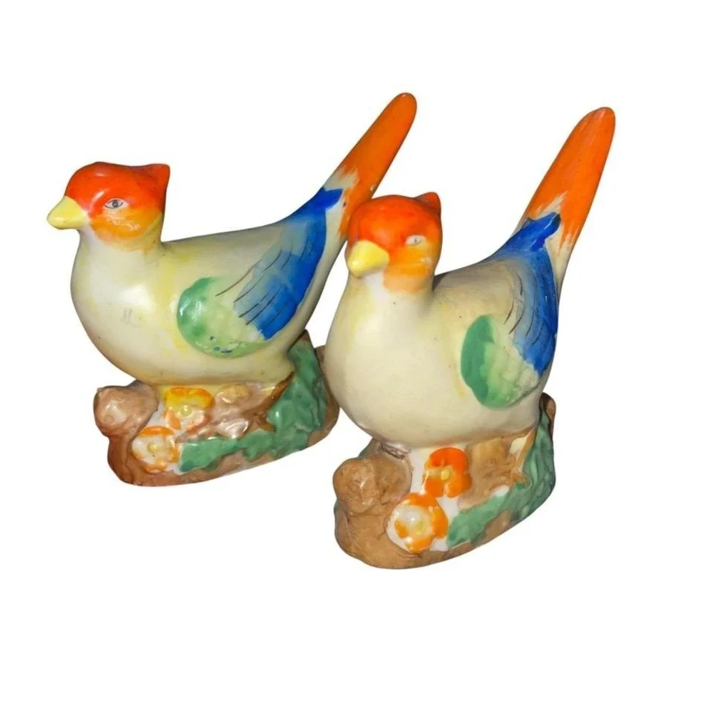 Vintage MCM Japan Ceramic Bird Figurines Pair Colorful 1960s Retro‎ Shelf Decor